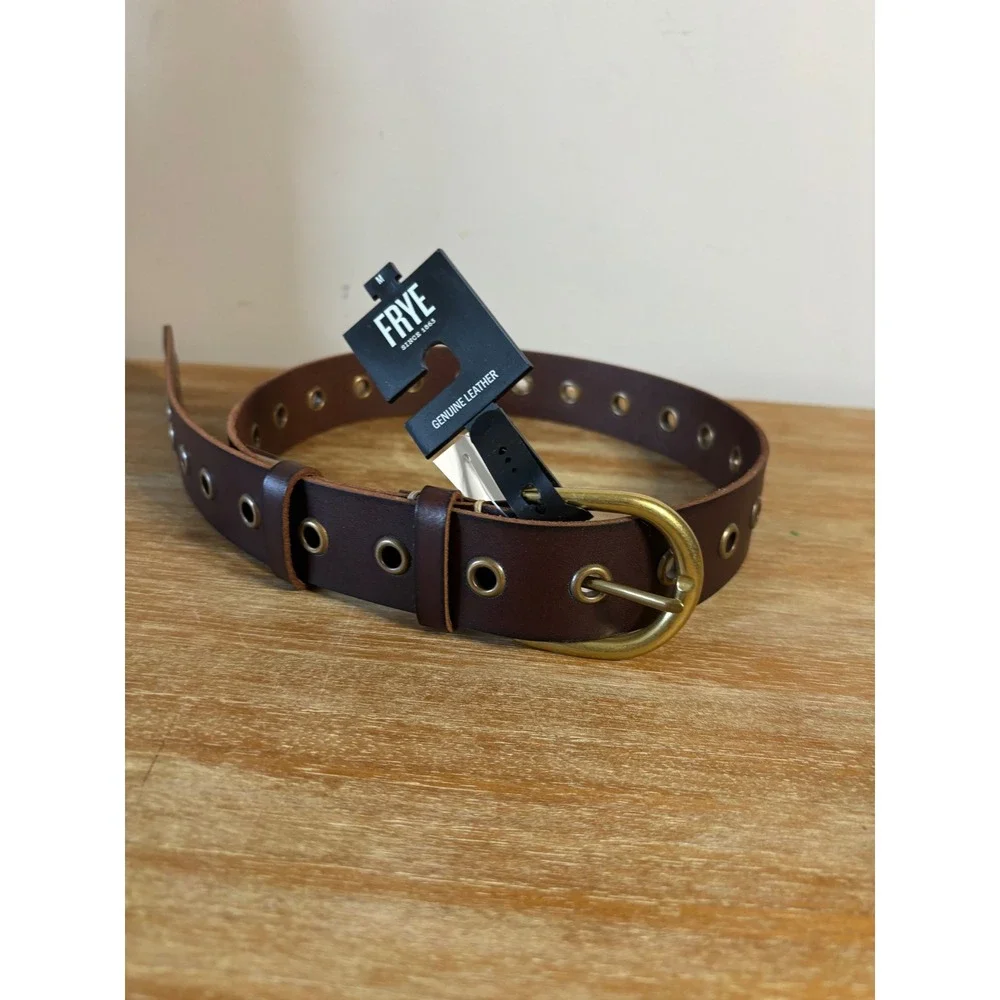 Frye Mens Brown Genuine Leather‎ Grommet Belt Brass Buckle DC864C NEW